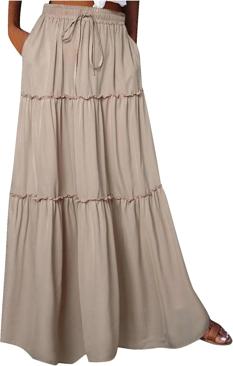 Ladies Maxi Skirts Spring Summer Casual Long Skirt for Women Trendy Tiered Pleated Vacation Skirts Half Dress