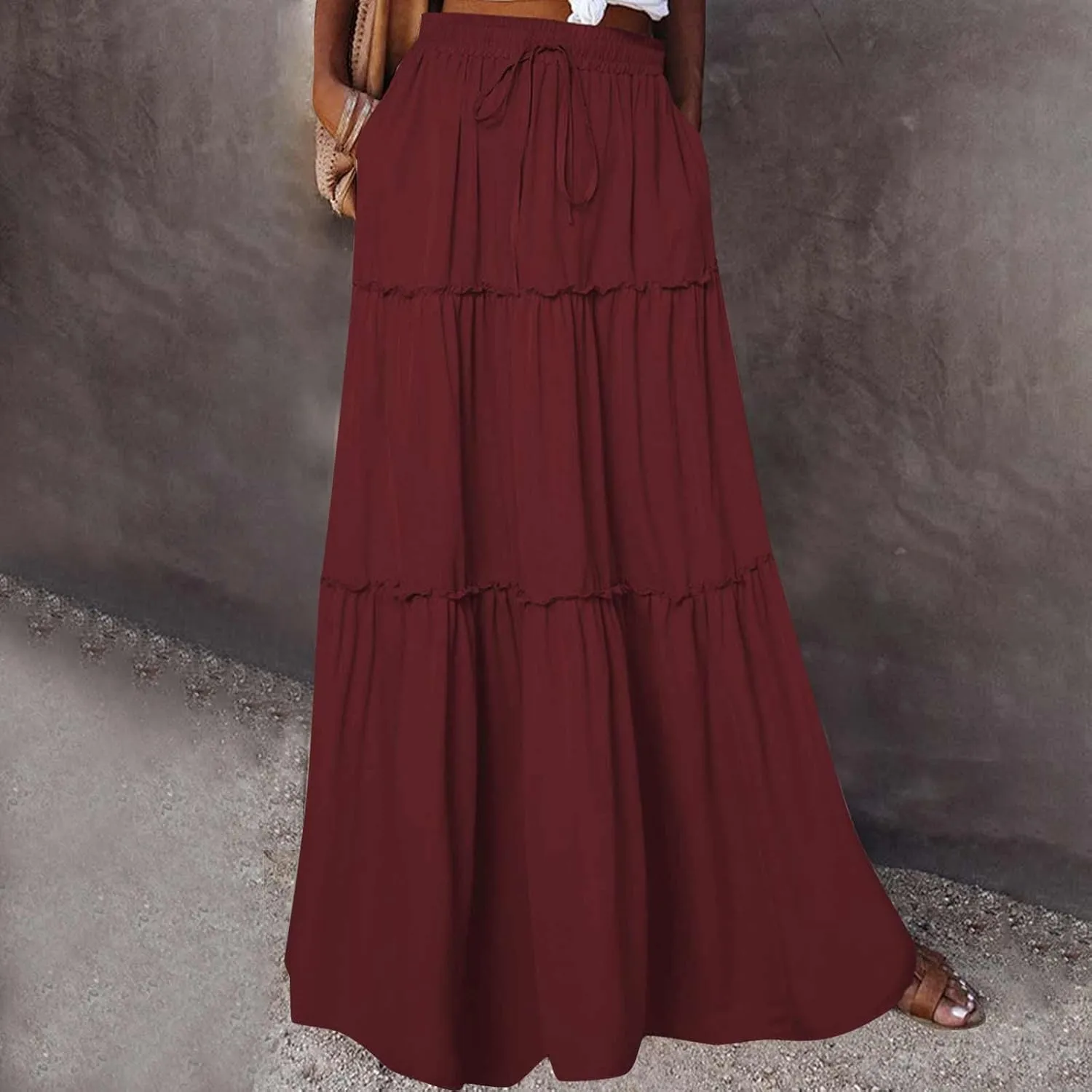 Ladies Maxi Skirts Spring Summer Casual Long Skirt for Women Trendy Tiered Pleated Vacation Skirts Half Dress