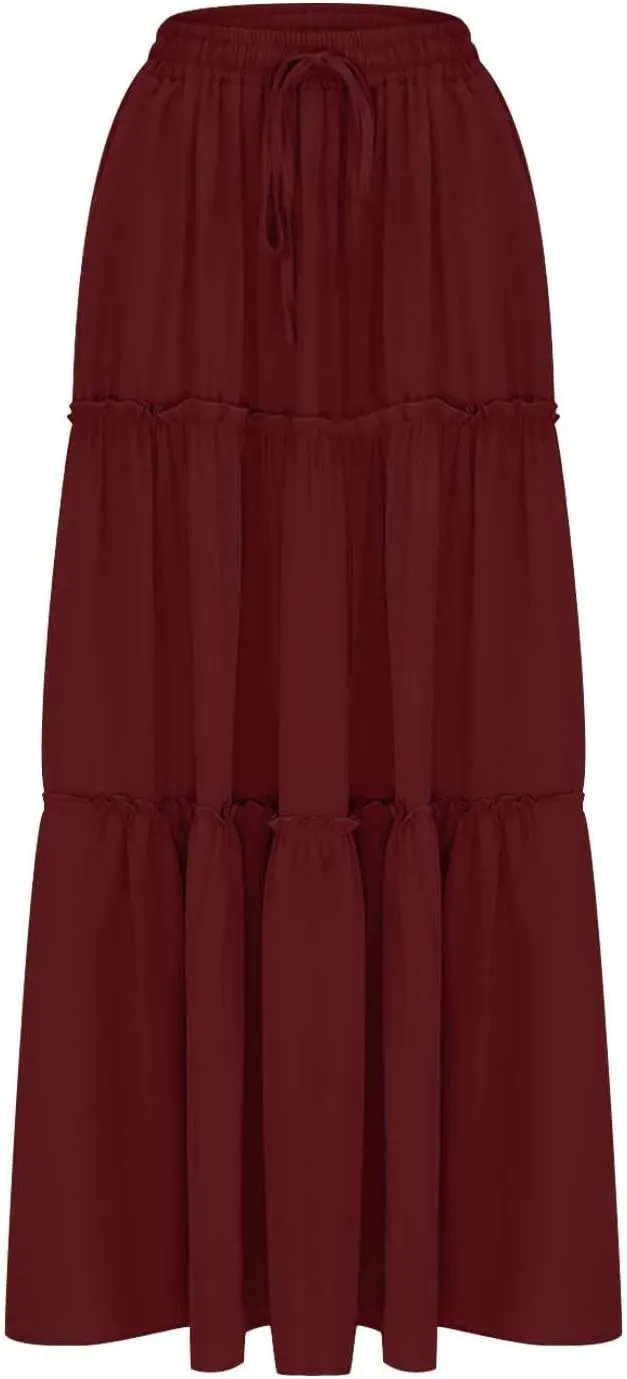 Ladies Maxi Skirts Spring Summer Casual Long Skirt for Women Trendy Tiered Pleated Vacation Skirts Half Dress