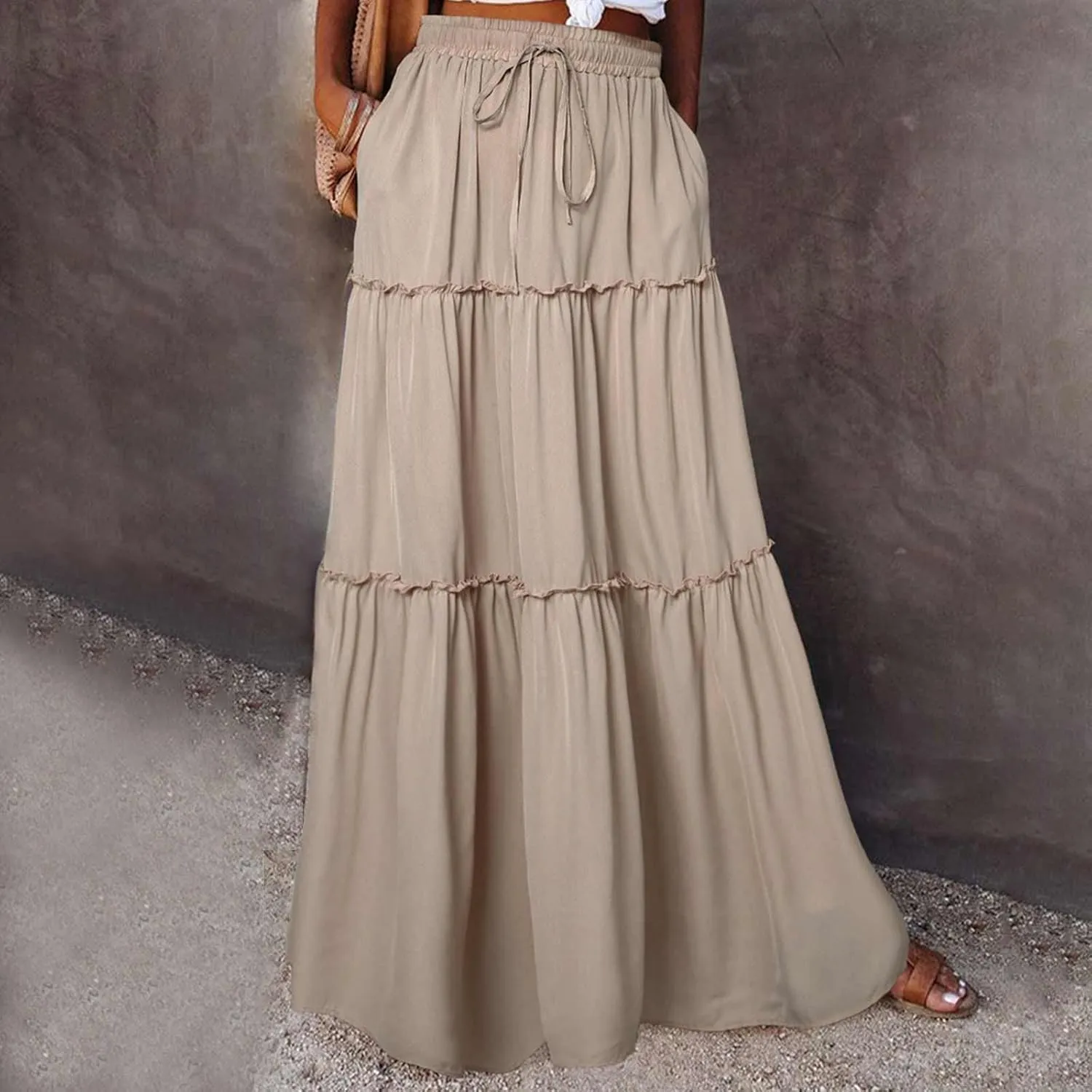 Ladies Maxi Skirts Spring Summer Casual Long Skirt for Women Trendy Tiered Pleated Vacation Skirts Half Dress