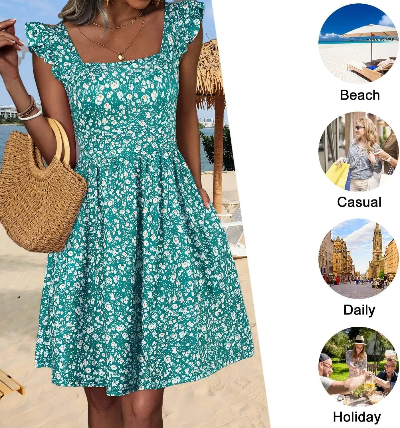 Loemes Summer Casual Cute Floral Flowy Square Neck Sundressses with Pocket Beach Dress for Women
