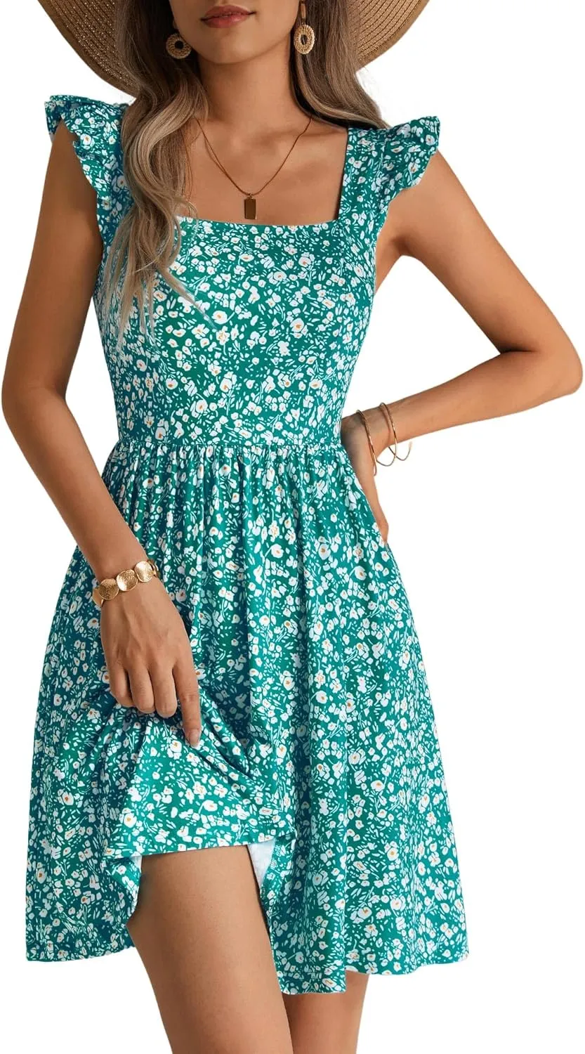 Loemes Summer Casual Cute Floral Flowy Square Neck Sundressses with Pocket Beach Dress for Women