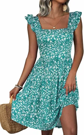 Loemes Summer Casual Cute Floral Flowy Square Neck Sundressses with Pocket Beach Dress for Women