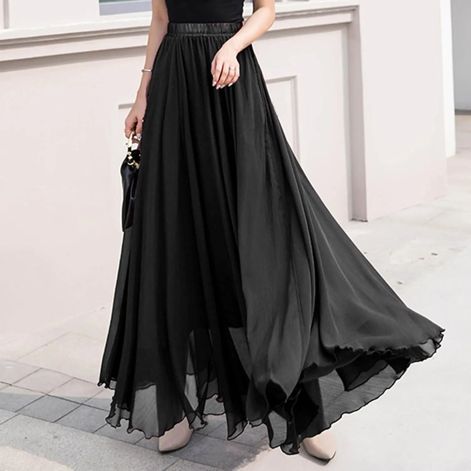 Maxi Skirts for Women Flowy Summer Skirt Elastic Waist Long Skirt Ankle Length Skirt Pleated Beach Skirt A Line Skirt