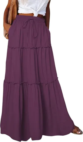 Maxi Skirts for Women Trendy Summer Tiered Elastic High Waisted Skirt Beach Vacation A Line Flowy Long Skirts