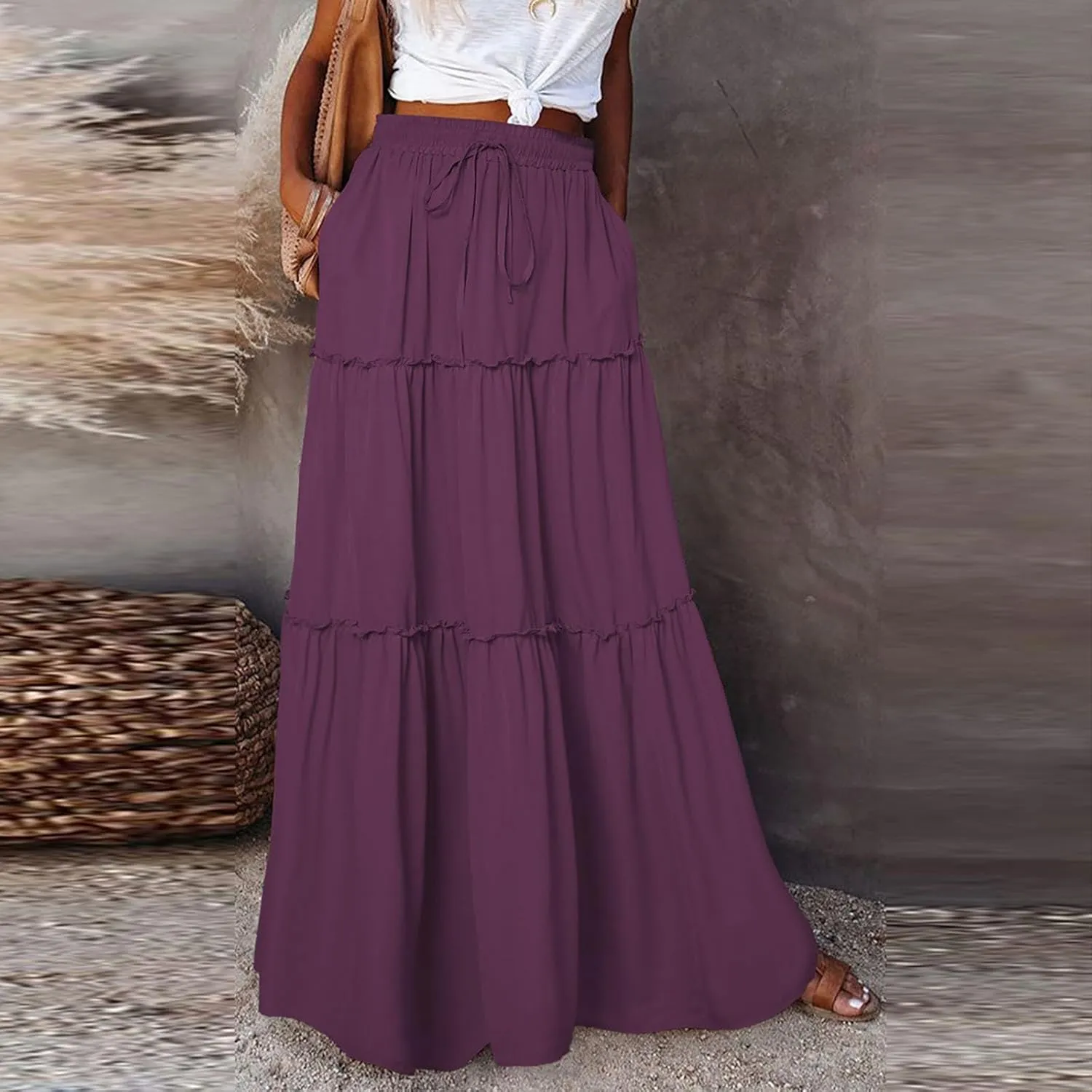 Maxi Skirts for Women Trendy Summer Tiered Elastic High Waisted Skirt Beach Vacation A Line Flowy Long Skirts