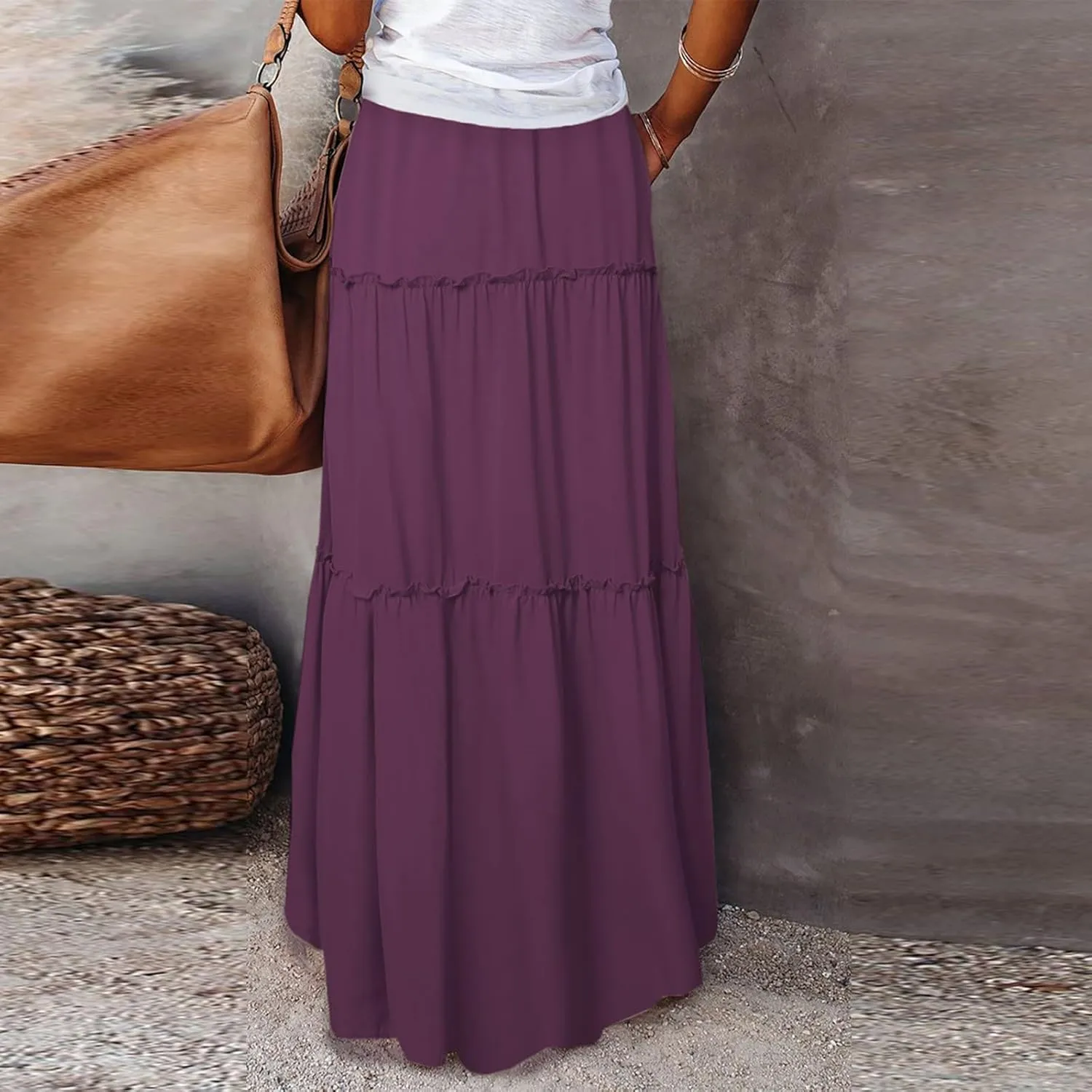 Maxi Skirts for Women Trendy Summer Tiered Elastic High Waisted Skirt Beach Vacation A Line Flowy Long Skirts