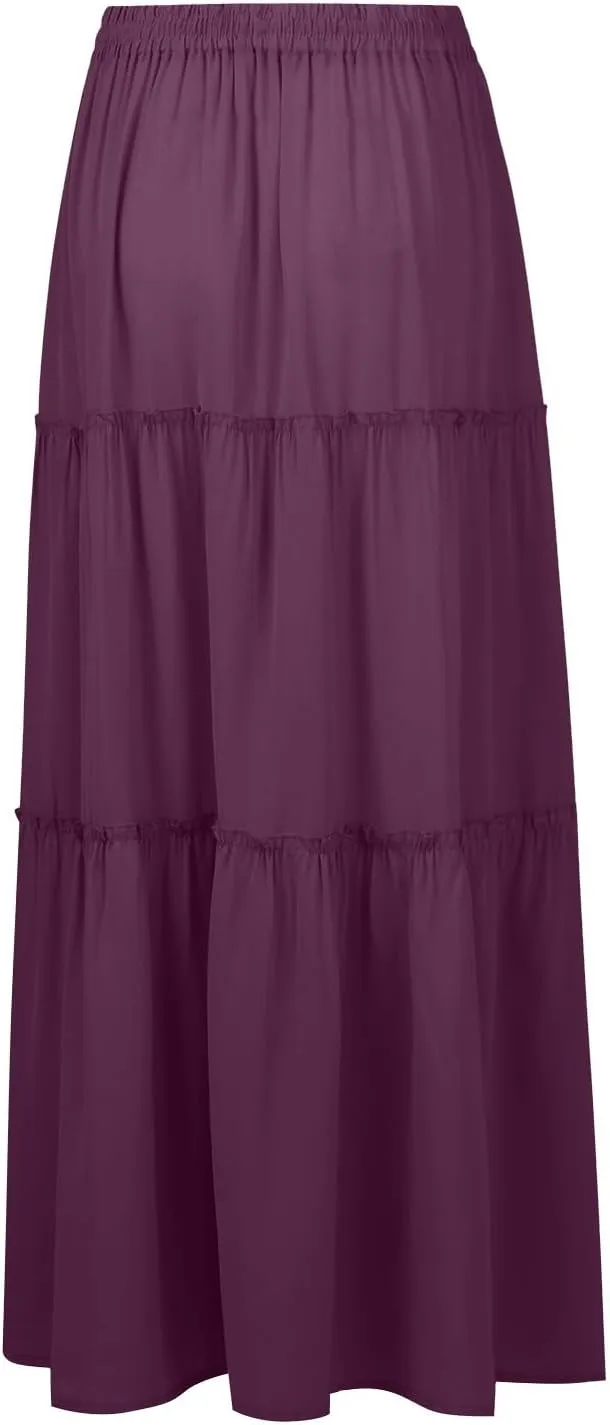 Maxi Skirts for Women Trendy Summer Tiered Elastic High Waisted Skirt Beach Vacation A Line Flowy Long Skirts