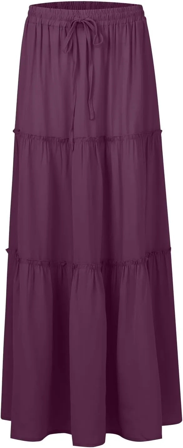 Maxi Skirts for Women Trendy Summer Tiered Elastic High Waisted Skirt Beach Vacation A Line Flowy Long Skirts