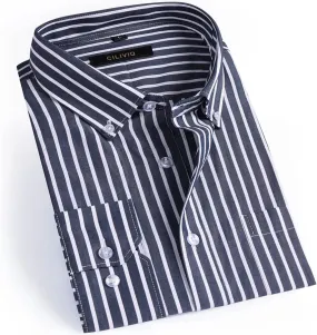 Men's 100% Cotton Striped Dress Shirt Regular Fit Long Sleeve Button-Down Busines Casual Shirt