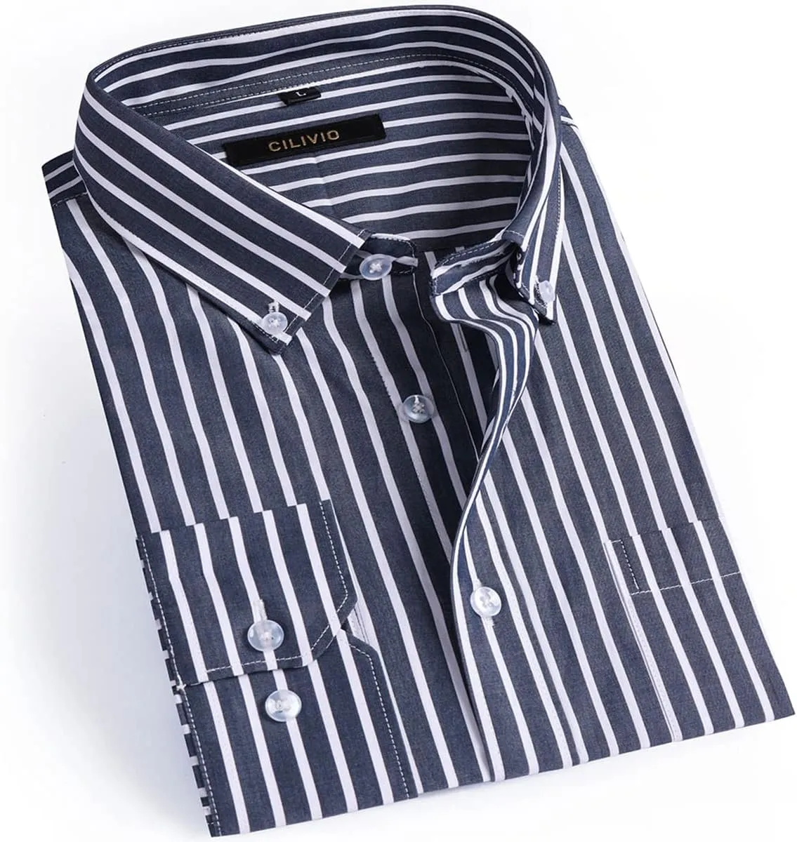 Men's 100% Cotton Striped Dress Shirt Regular Fit Long Sleeve Button-Down Busines Casual Shirt