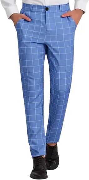 Mens Chinos Slim Fit Stretch Flat-Front Skinny Plaid Dress Pants Business Work Suit Tapered Pants Casual Golf Pants Trousers