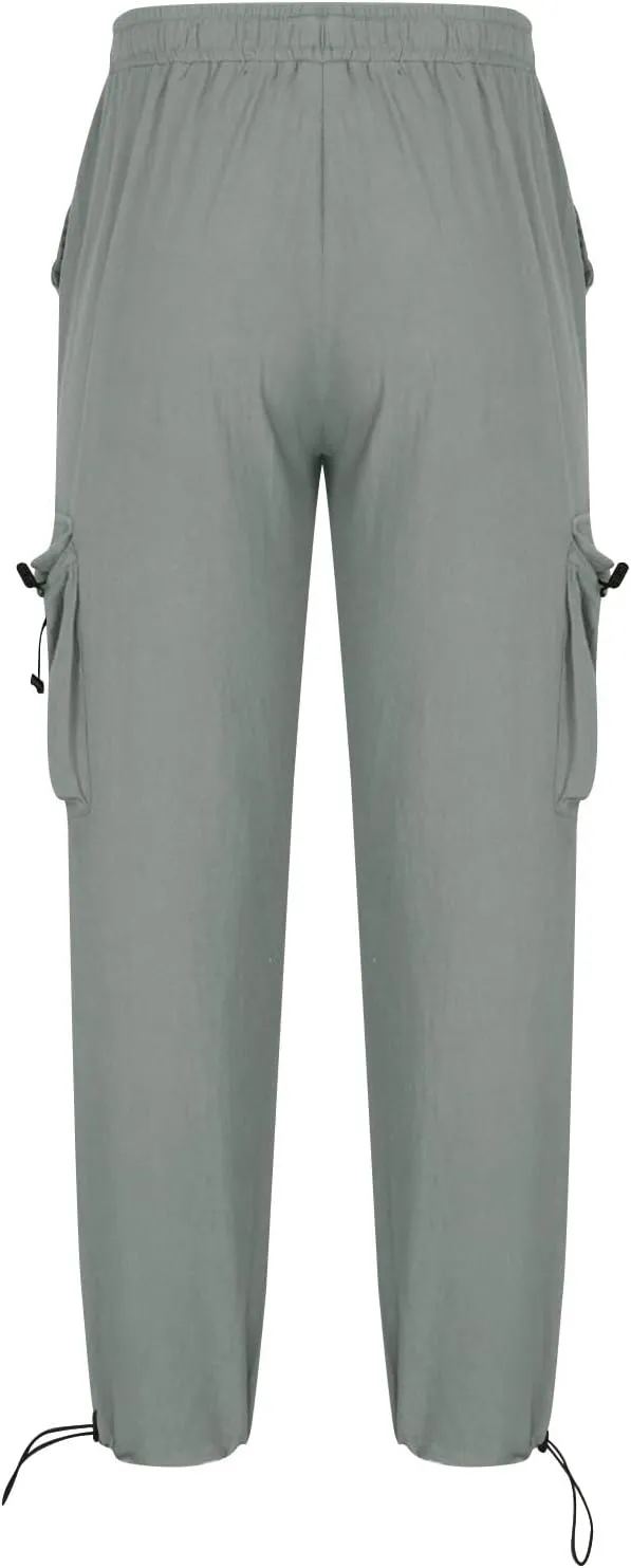 Mens Cotton Linen Cargo Pants Lightweight Elastic Waist Drawstring Casual Trousers Loose Beach Yoga Pants with Pocket