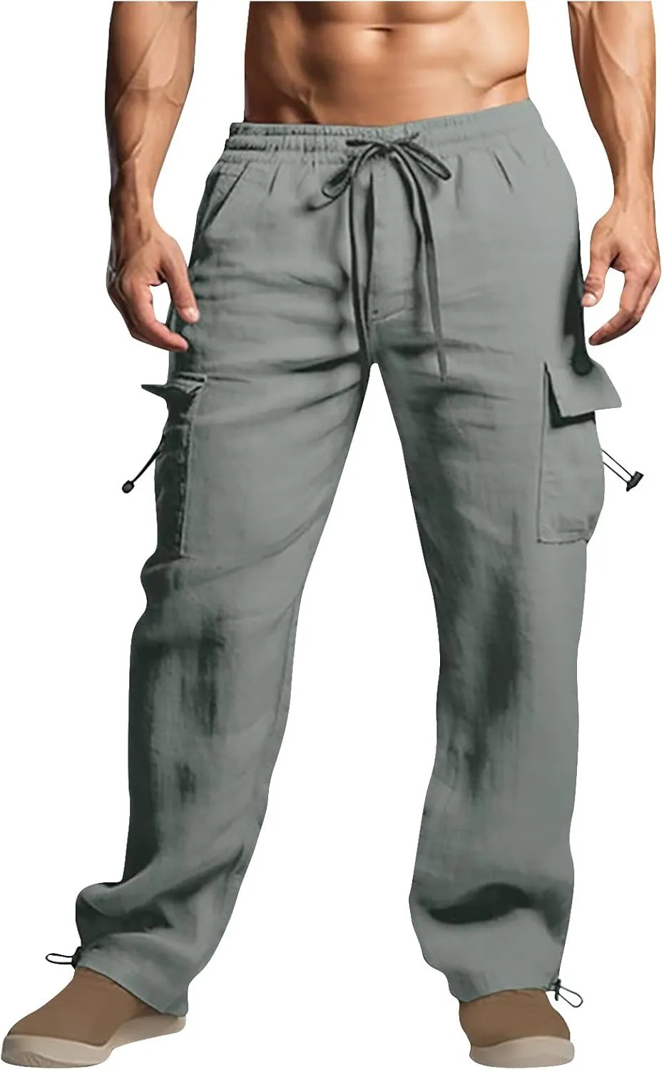 Mens Cotton Linen Cargo Pants Lightweight Elastic Waist Drawstring Casual Trousers Loose Beach Yoga Pants with Pocket