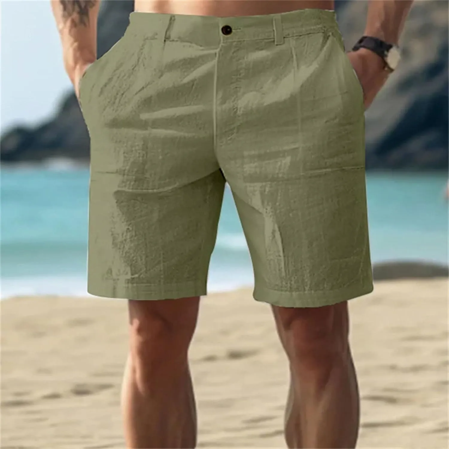 Mens Cotton Linen Shorts Solid Color Lightweight Breathable Summer Casual Lounge Shorts