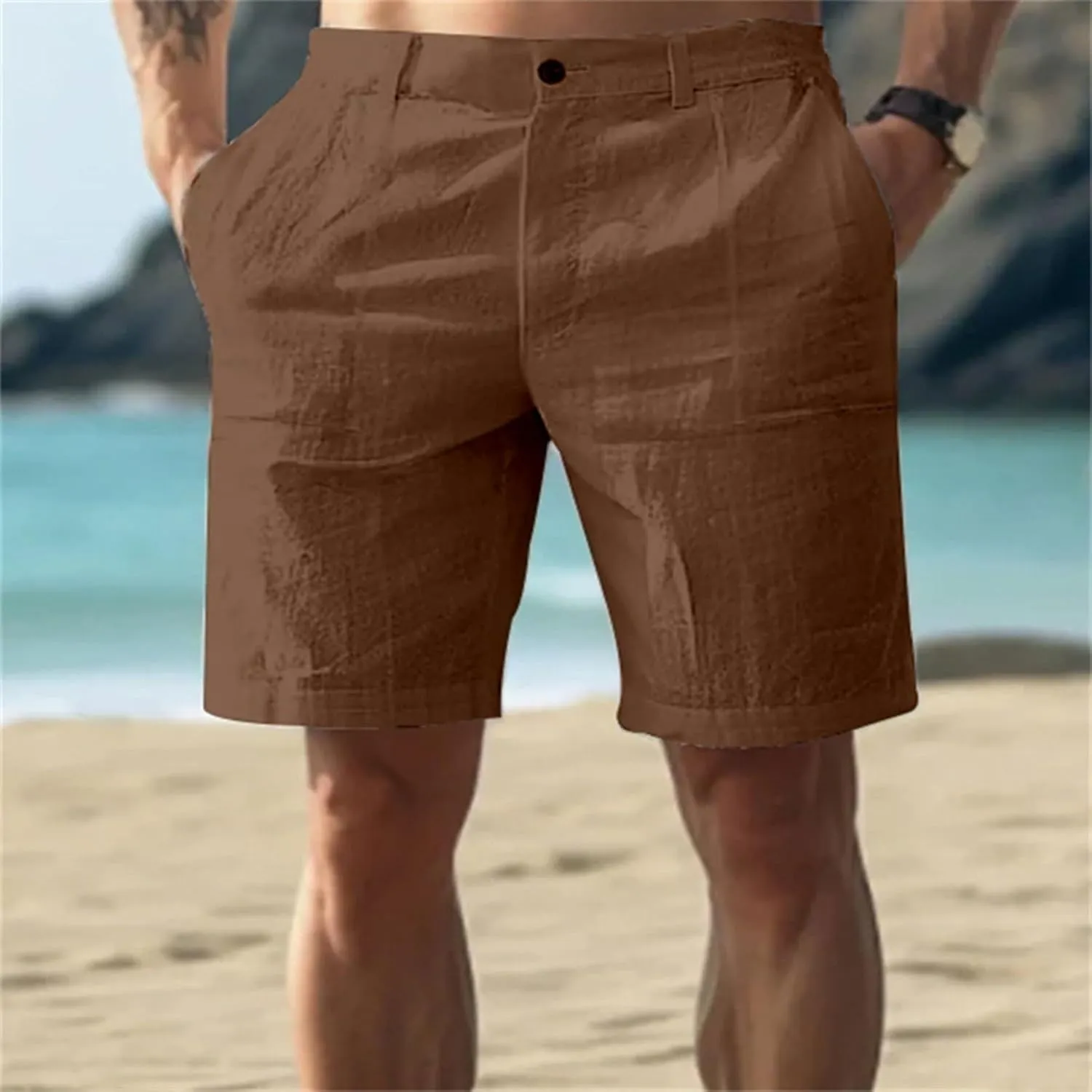 Mens Cotton Linen Shorts Solid Color Lightweight Breathable Summer Casual Lounge Shorts