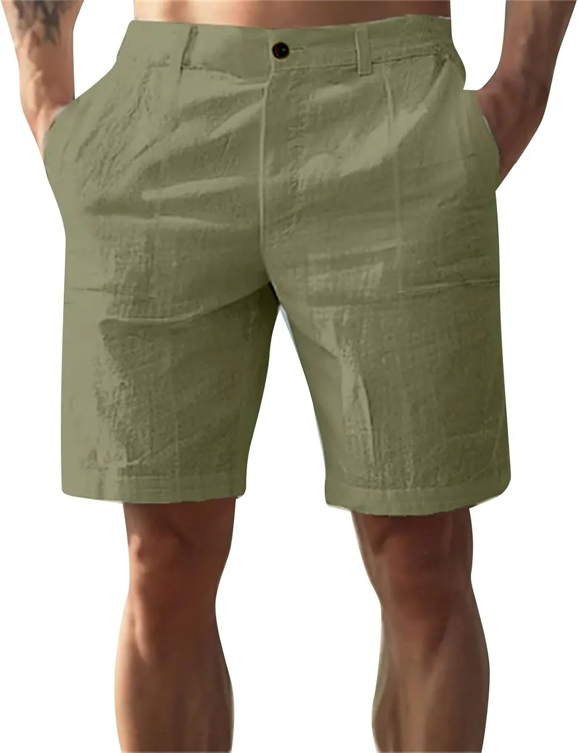 Mens Cotton Linen Shorts Solid Color Lightweight Breathable Summer Casual Lounge Shorts