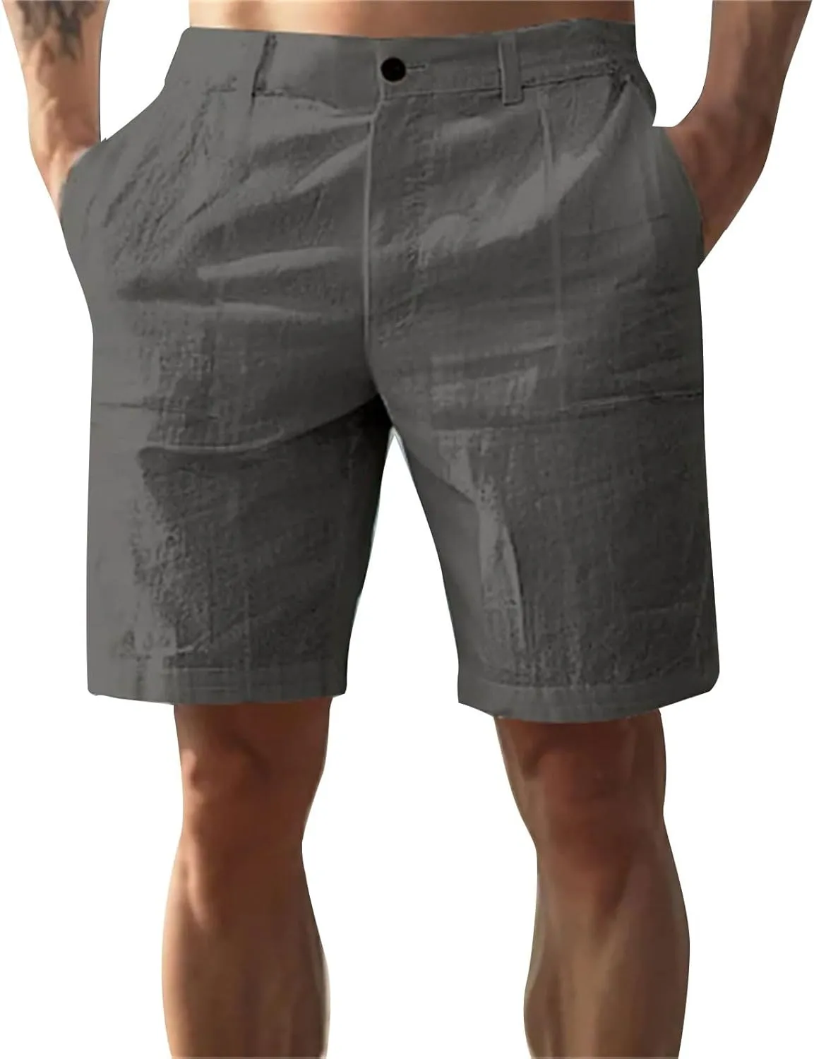 Mens Cotton Linen Shorts Solid Color Lightweight Breathable Summer Casual Lounge Shorts