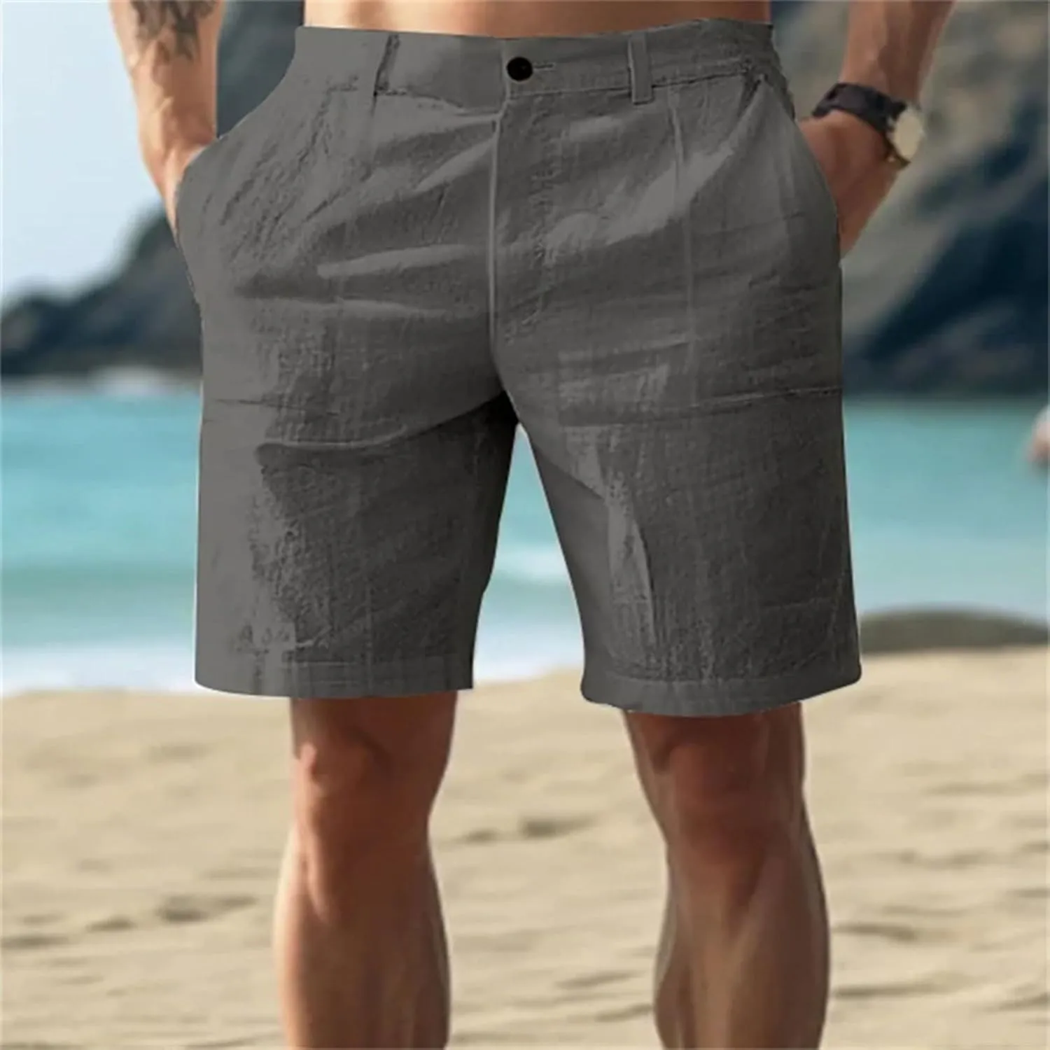 Mens Cotton Linen Shorts Solid Color Lightweight Breathable Summer Casual Lounge Shorts