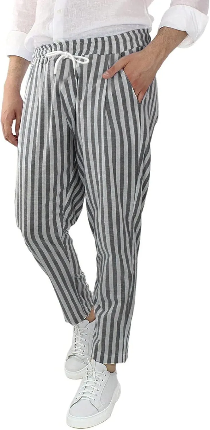 Mens Cotton Linen Striped Pants Casual Elastic Waist Slim Fit Straight Leg Beach Hippie Yoga Drawstring Comfy Trousers