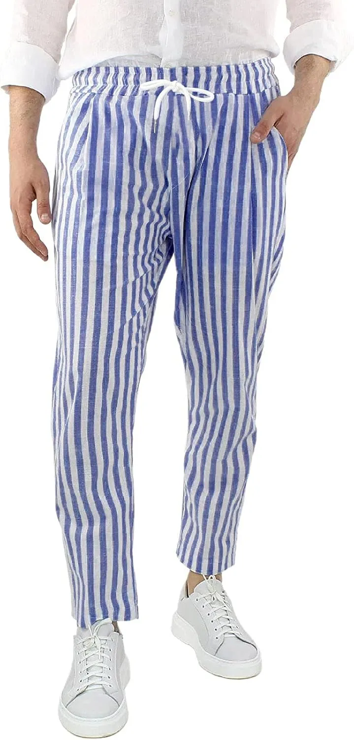 Mens Cotton Linen Striped Pants Casual Elastic Waist Slim Fit Straight Leg Beach Hippie Yoga Drawstring Comfy Trousers
