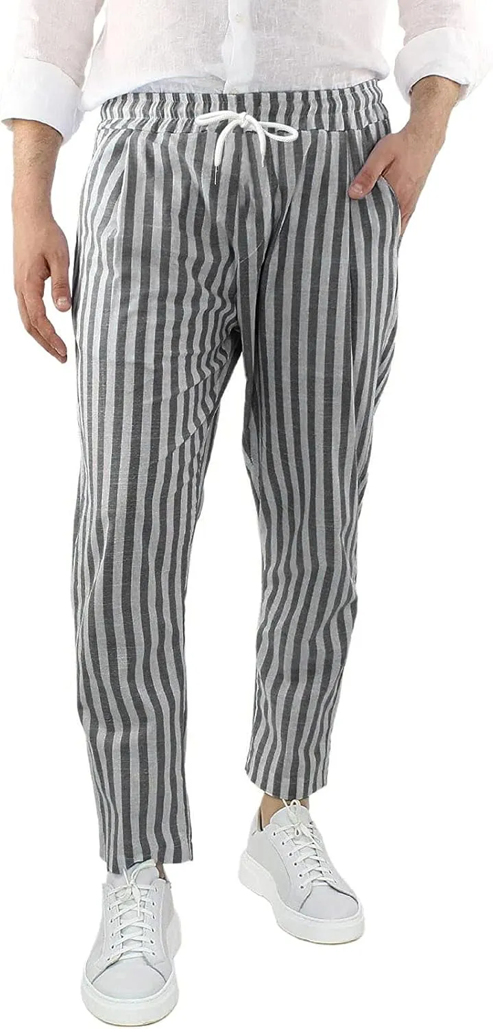 Mens Cotton Linen Striped Pants Casual Elastic Waist Slim Fit Straight Leg Beach Hippie Yoga Drawstring Comfy Trousers