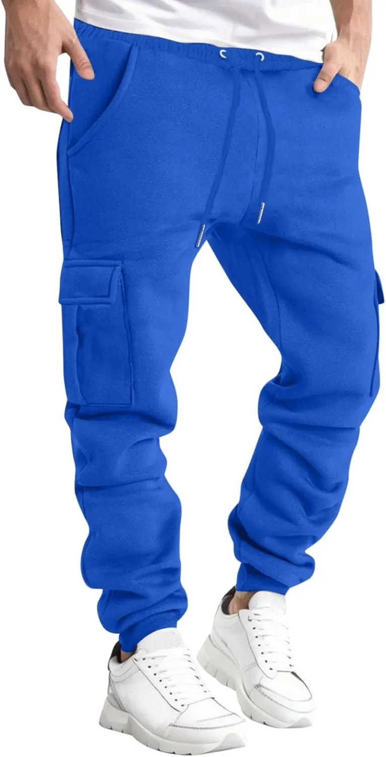 Men's Heavyweight Fleece Cargo Sweatpants with Multi Pockets Elastic Drawstring Workout Jogging Pants Baggy Trousers