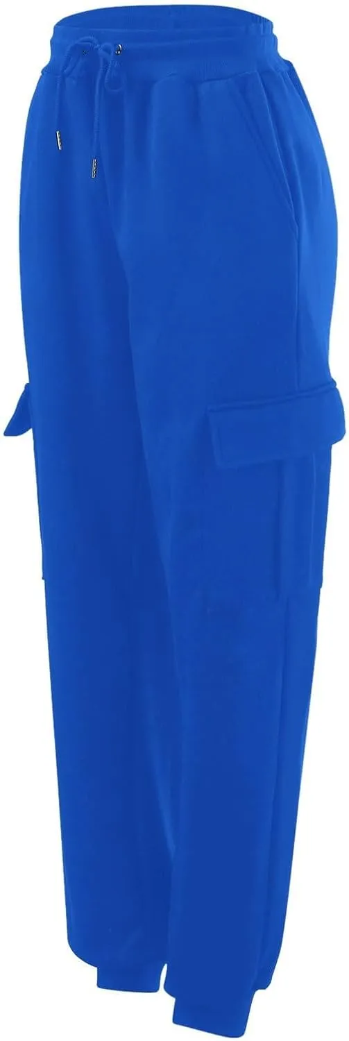 Men's Heavyweight Fleece Cargo Sweatpants with Multi Pockets Elastic Drawstring Workout Jogging Pants Baggy Trousers