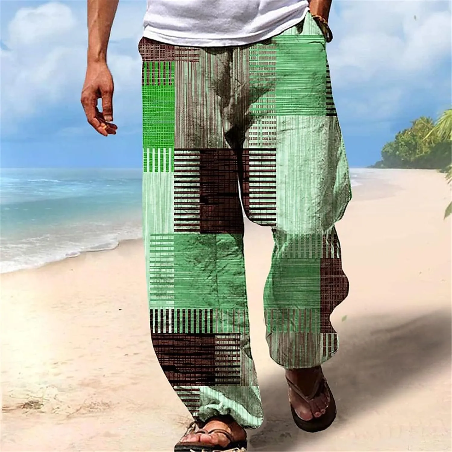 Mens Linen Beach Pants Big and Tall Casual Vacation Print Pants Loose Fit Straight-Legs Lightweight Trousers Streetwear