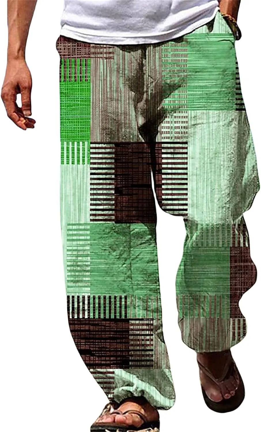Mens Linen Beach Pants Big and Tall Casual Vacation Print Pants Loose Fit Straight-Legs Lightweight Trousers Streetwear
