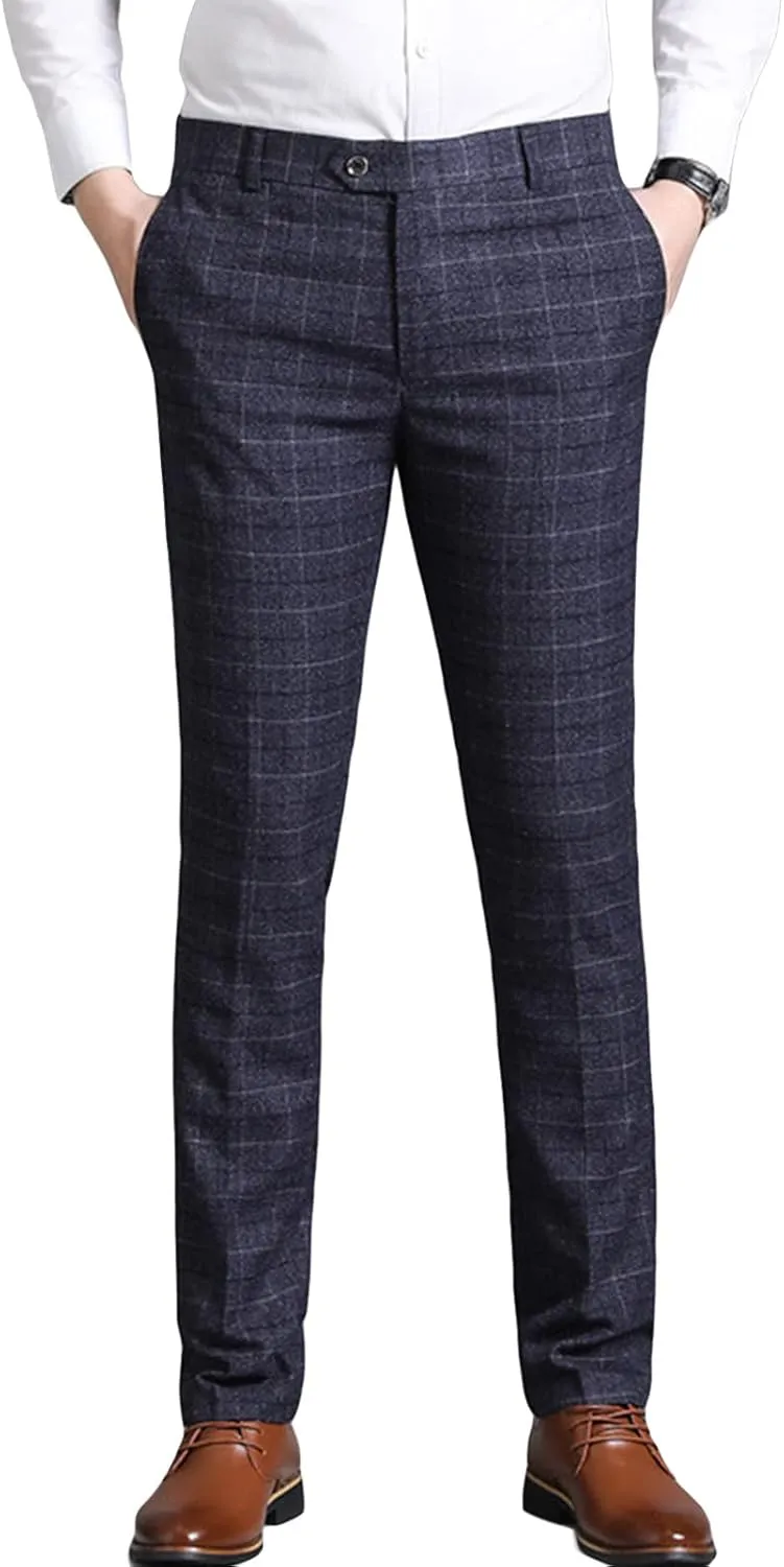 Men'S Slim Skinny Fit Flat Front Dress Pant Stretch Elastic Waist Plaid Suit Pants Casual Pants With Pockets (35,Dark Blue)