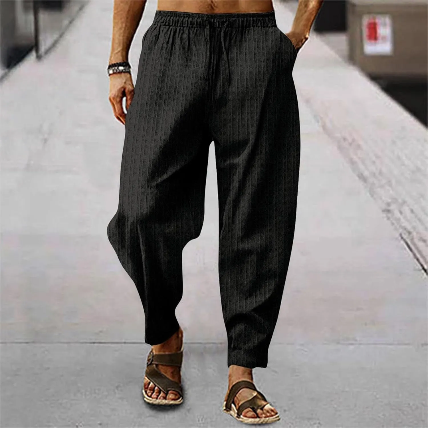 Mens White Linen Casual Pants Elastic Waist Loose Fit Straight-Legs Stretchy Summer Beach Long Baggy Yoga Trousers
