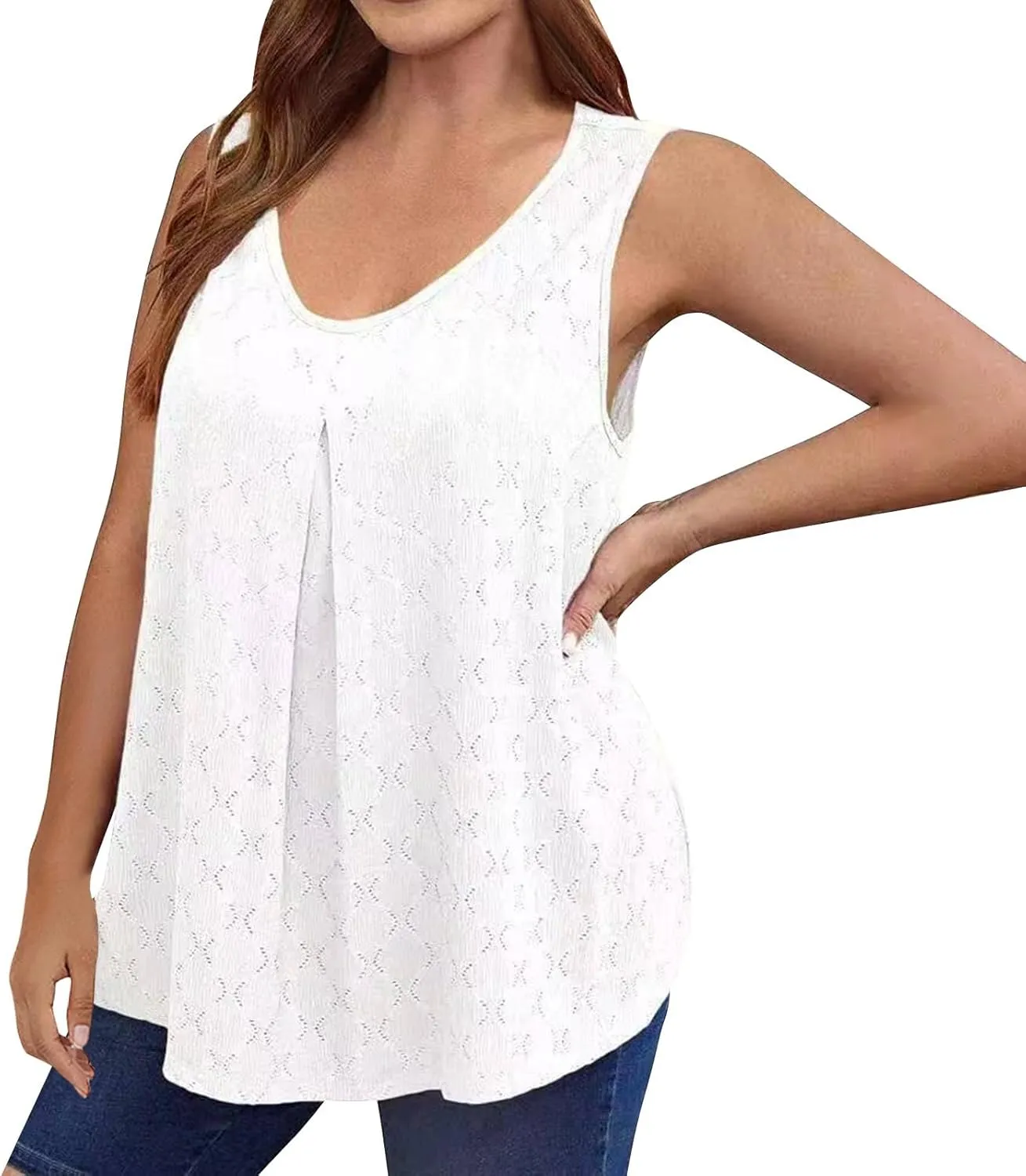 Oplxuo Plus Size Tank Tops for Women Loose Fit Flowy Sleeveless Scoop Neck Tunic Tops 2025 Fashion Summer Eyelet Shirts