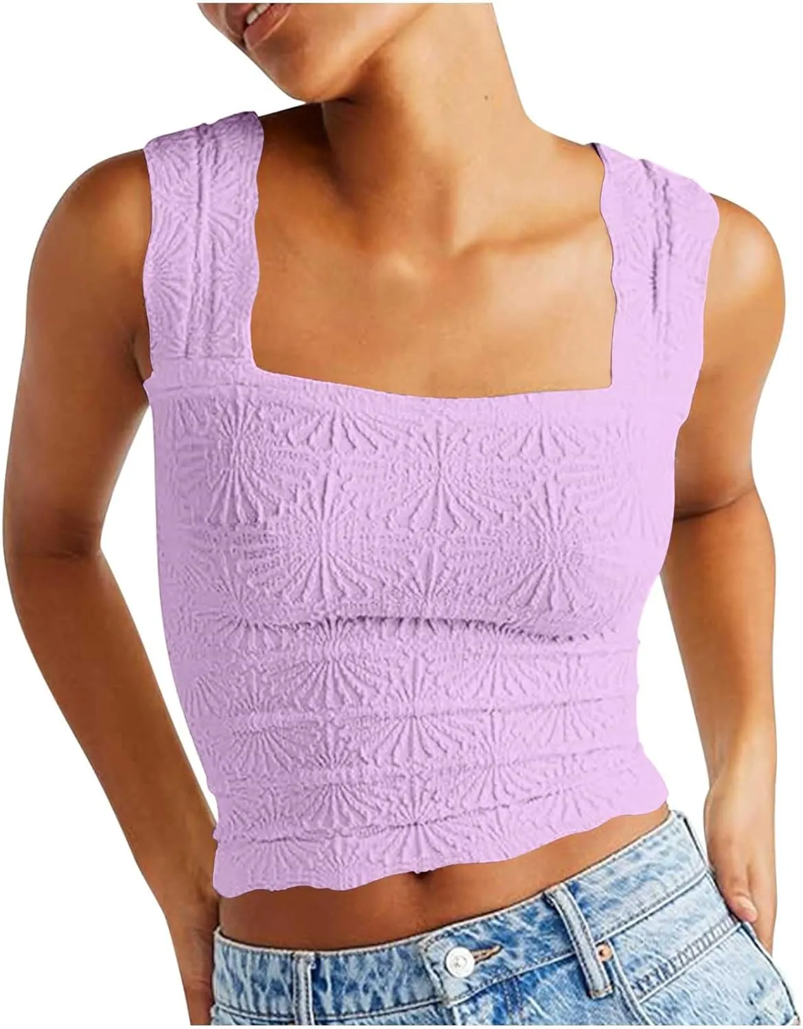 Summer Crop Tops Sexy Square Neck Tank Top Women Cute Floral Going Out Shirts Slim Fit Cropped Cami Blouse