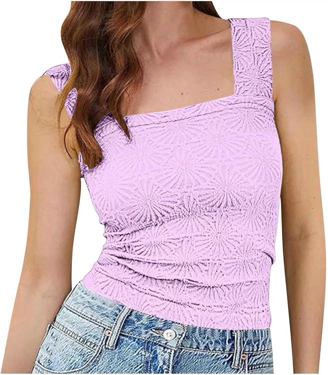 Summer Crop Tops Sexy Square Neck Tank Top Women Cute Floral Going Out Shirts Slim Fit Cropped Cami Blouse