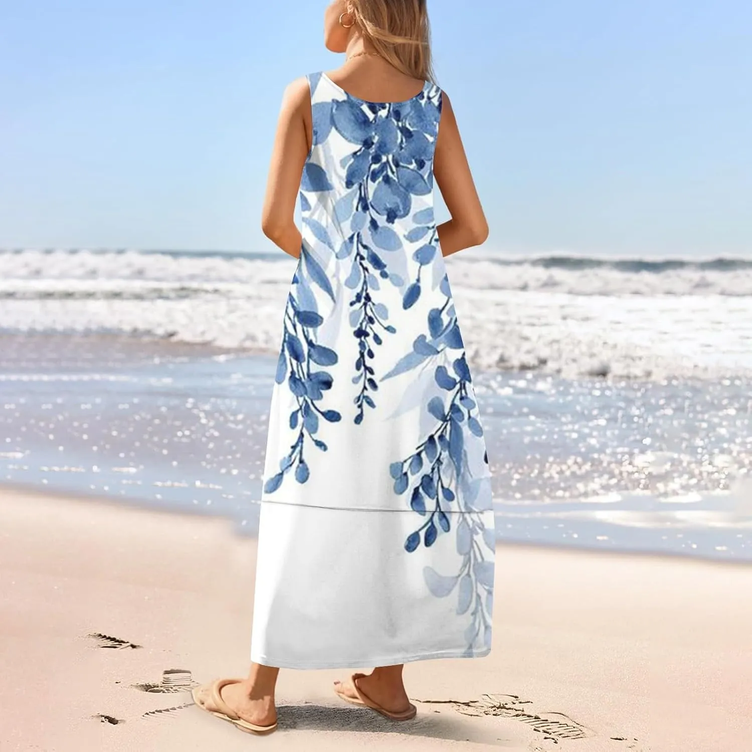 Summer Dresses for Women 2025 Floral O Neck Tank Dress Beach Casual Sundresses Sleeveless Loose Maxi Dress with Pockets