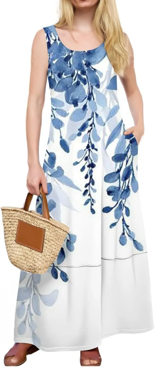 Summer Dresses for Women 2025 Floral O Neck Tank Dress Beach Casual Sundresses Sleeveless Loose Maxi Dress with Pockets