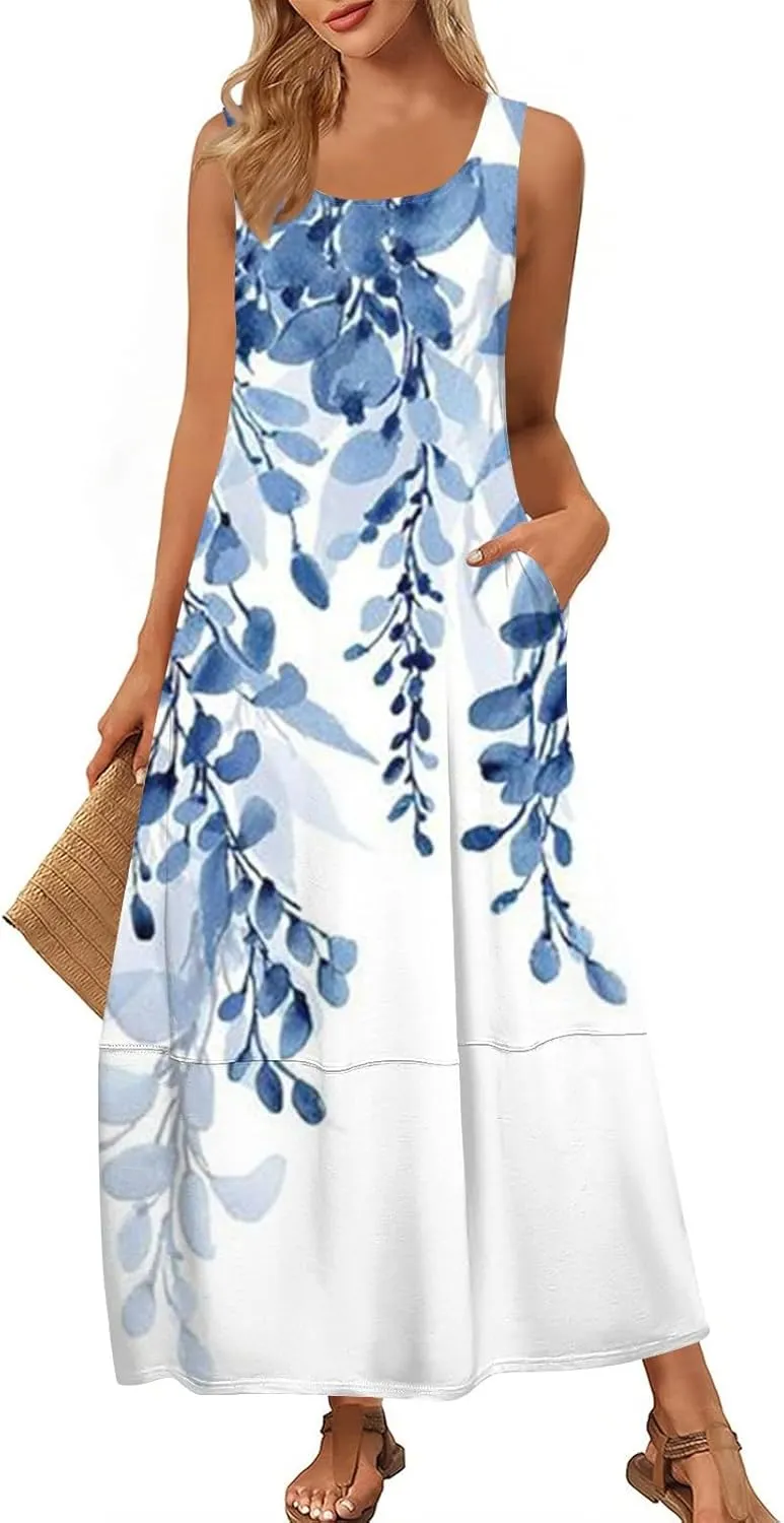 Summer Dresses for Women 2025 Floral O Neck Tank Dress Beach Casual Sundresses Sleeveless Loose Maxi Dress with Pockets