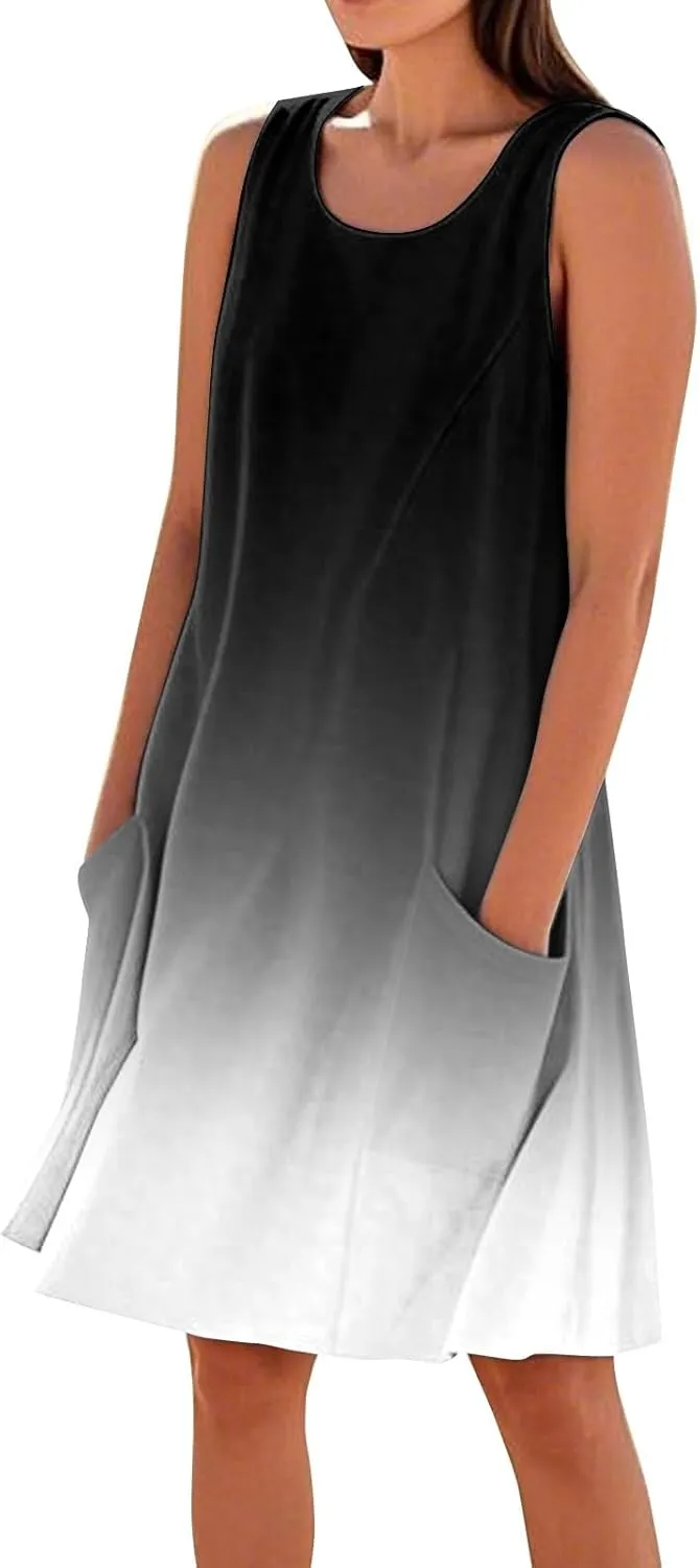 Summer Dresses for Women 2025 Loose Casual Tank Dress Sleeveless U Neck Sundresses Beach T Shirt Dress with Pockets