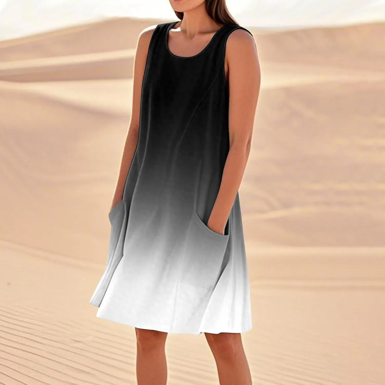 Summer Dresses for Women 2025 Loose Casual Tank Dress Sleeveless U Neck Sundresses Beach T Shirt Dress with Pockets