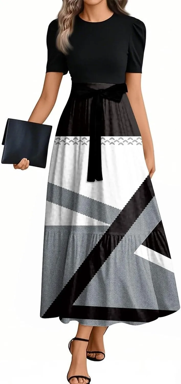 Summer Dresses for Women 2025 Short Sleeve Long Sundress Flowy Floral Maxi Dress Patchwork Ruffle Hem a Line Dress