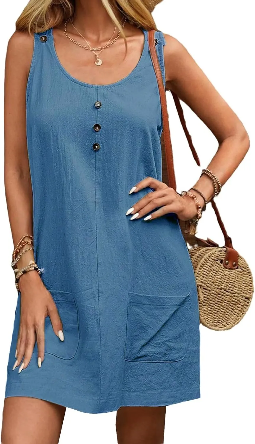 Summer Midi Dresses for Women 2025 Cotton Linen Dress Sleeveless Tshirt Dress with Pockets Beach Tank Sundress Loose
