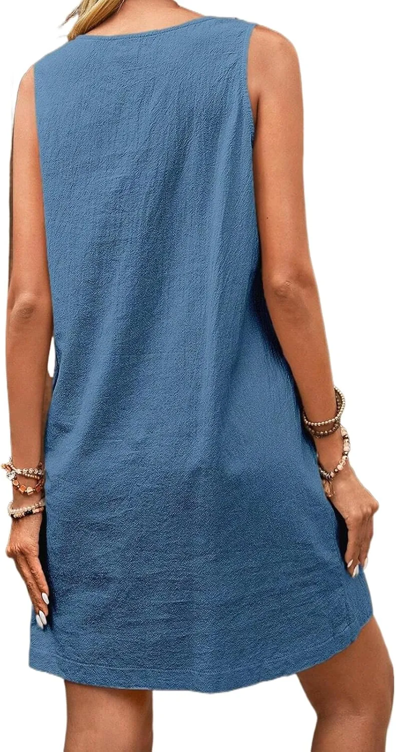 Summer Midi Dresses for Women 2025 Cotton Linen Dress Sleeveless Tshirt Dress with Pockets Beach Tank Sundress Loose