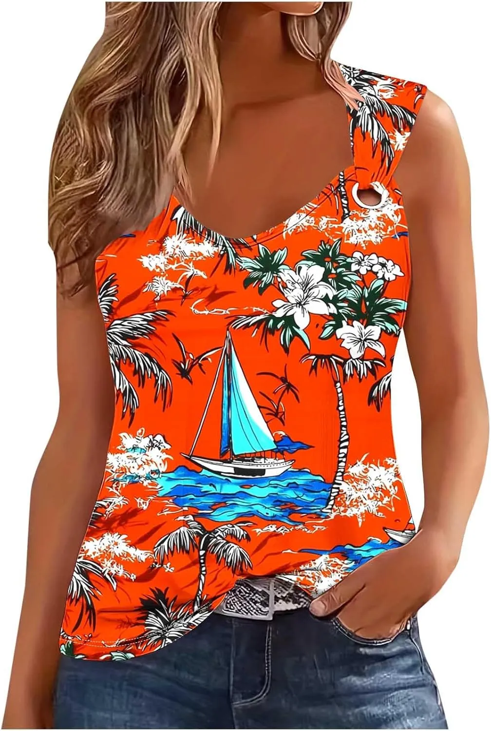 Tank Tops for Women Trendy 2025 Sleeveless Floral Summer Shirts O Ring Strap Dressy Blouses Flowy Boho Beach Outfits