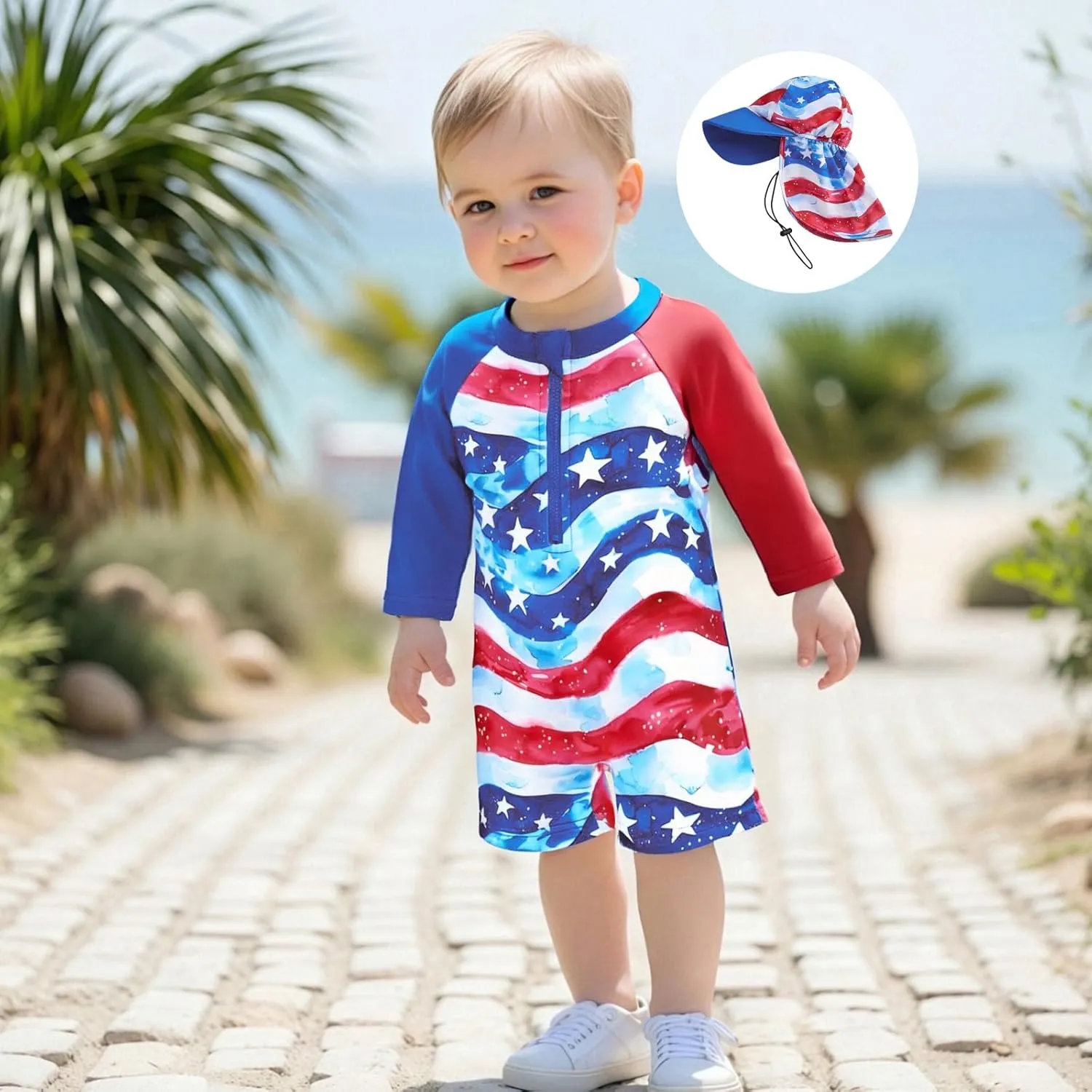 Toddler Infant Baby Boy 4th of July Swimsuit Newborn Rash Guard Boys Girls One Piece Zipper Bathing Suit Swimwear with Hat