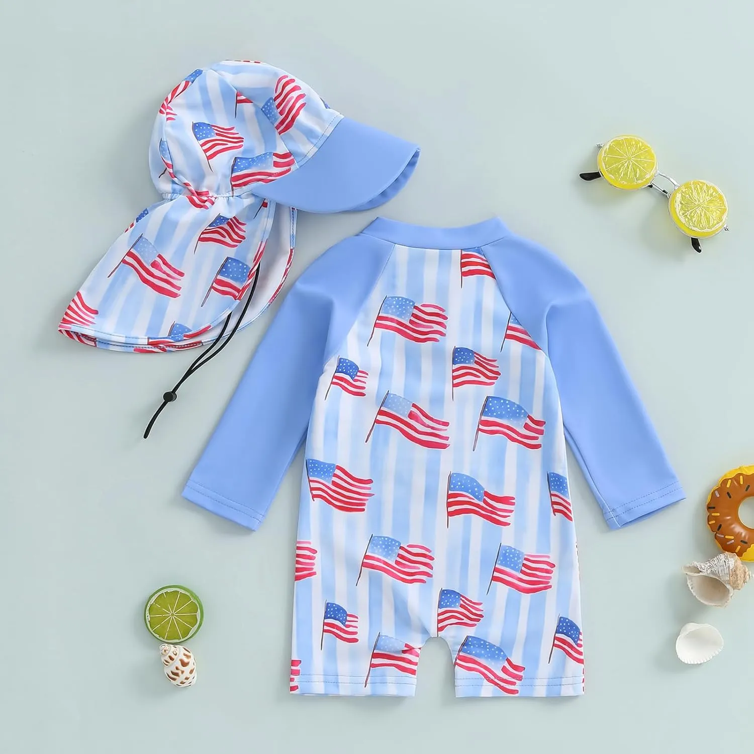 Toddler Infant Baby Boy 4th of July Swimsuit Newborn Rash Guard Boys Girls One Piece Zipper Bathing Suit Swimwear with Hat