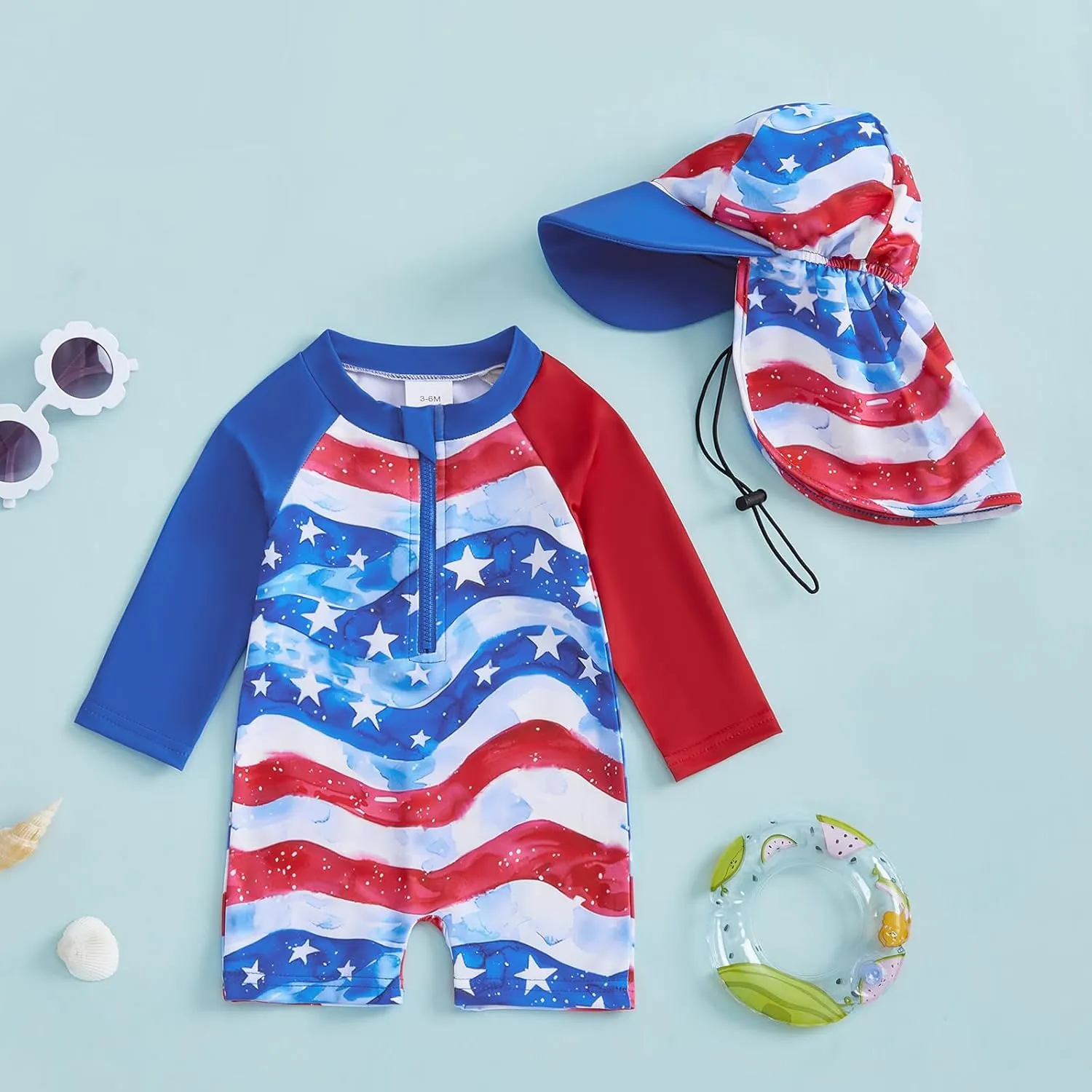 Toddler Infant Baby Boy 4th of July Swimsuit Newborn Rash Guard Boys Girls One Piece Zipper Bathing Suit Swimwear with Hat
