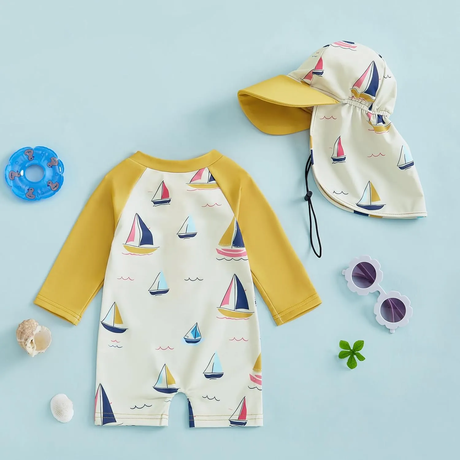 Toddler Infant Baby Boy 4th of July Swimsuit Newborn Rash Guard Boys Girls One Piece Zipper Bathing Suit Swimwear with Hat