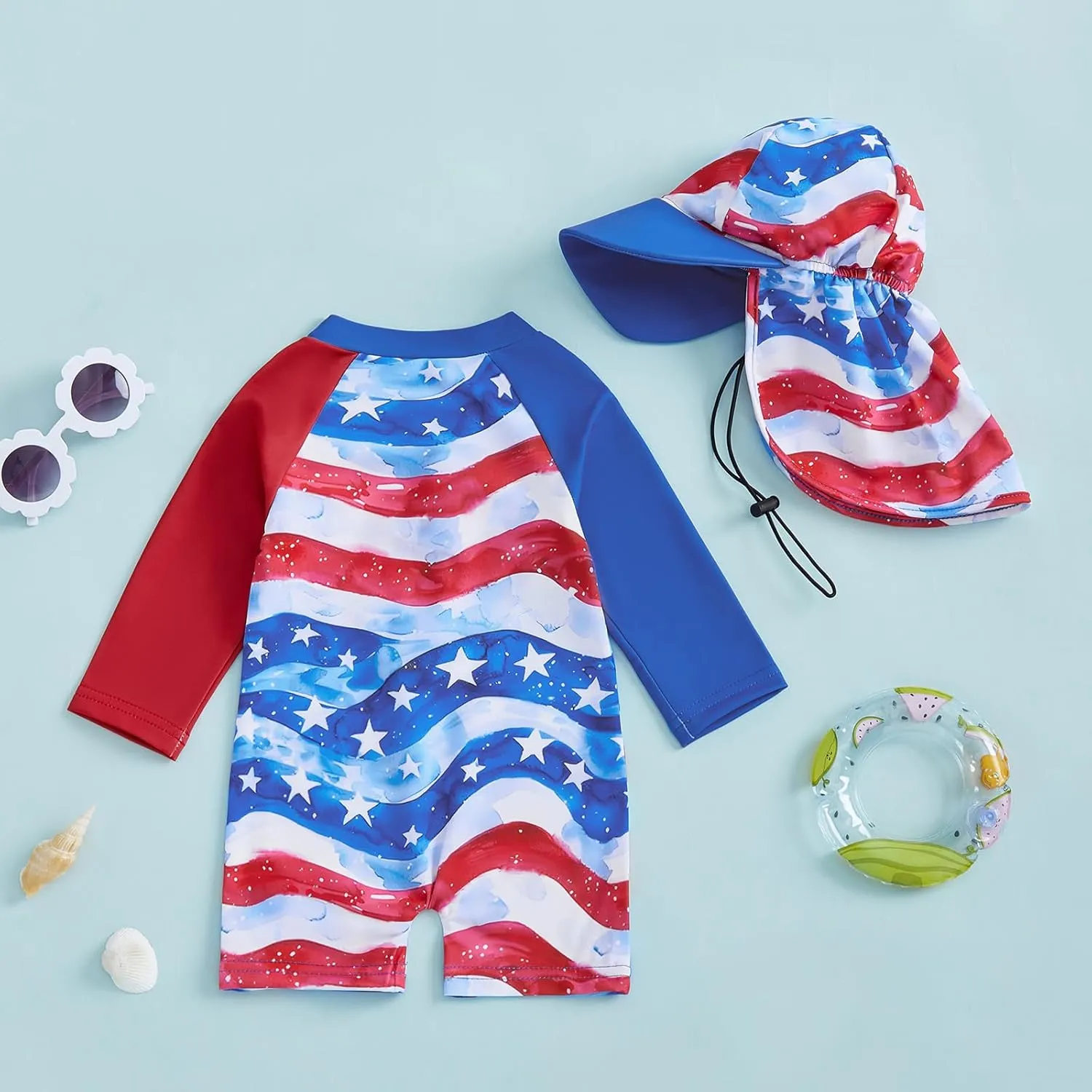 Toddler Infant Baby Boy 4th of July Swimsuit Newborn Rash Guard Boys Girls One Piece Zipper Bathing Suit Swimwear with Hat