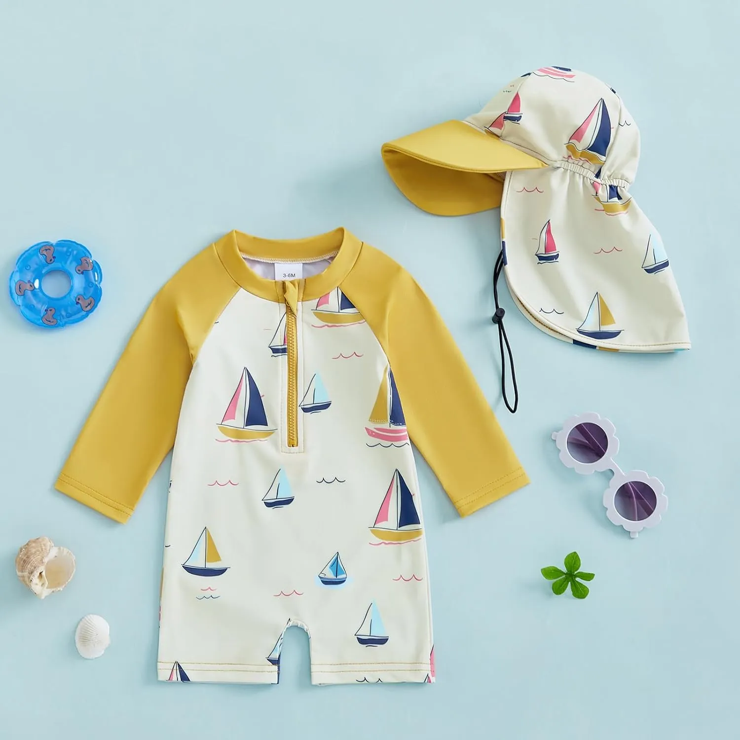 Toddler Infant Baby Boy 4th of July Swimsuit Newborn Rash Guard Boys Girls One Piece Zipper Bathing Suit Swimwear with Hat